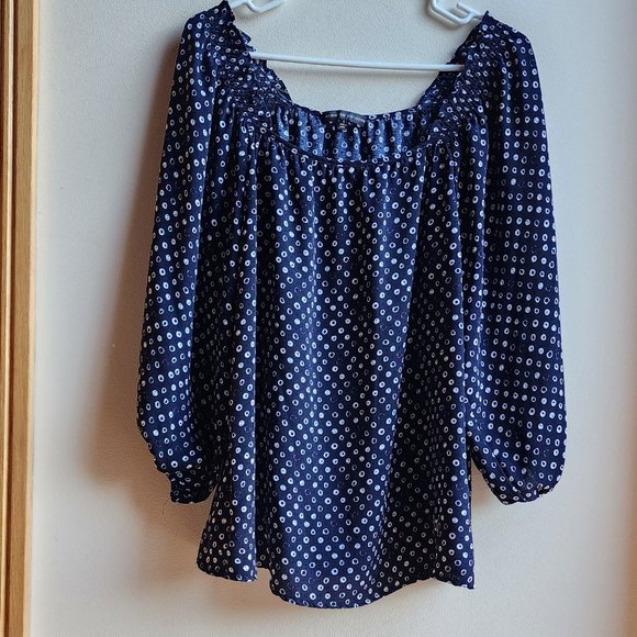 Adrienne Vittadini Blue/White Micro Print Blouse Size Large - Picture 7 of 16